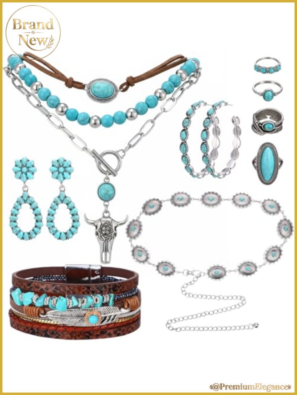 Western Jewelry Set - 9 Piece Boho Turquoise Necklace Bracelet Earrings Gift